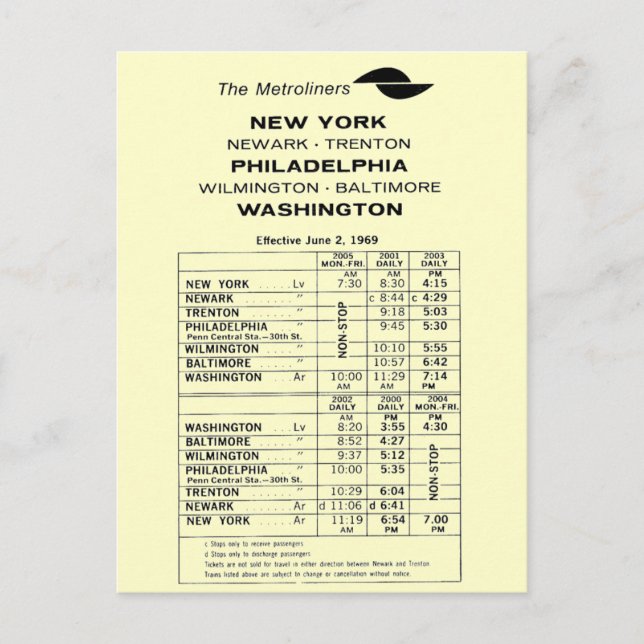 Postal Horario metropolitano del Penn Central Railroad (Anverso)