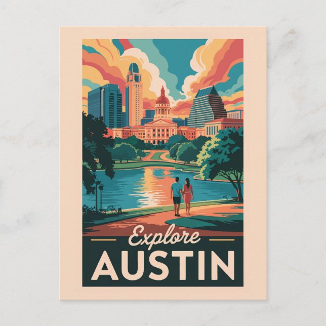 Postal Horizonte de Austin Texas Arte de Viaje Vintage (Anverso)