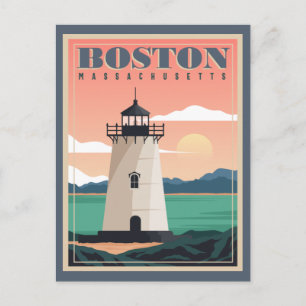 Postal Horizonte de Boston y faro   Massachusetts