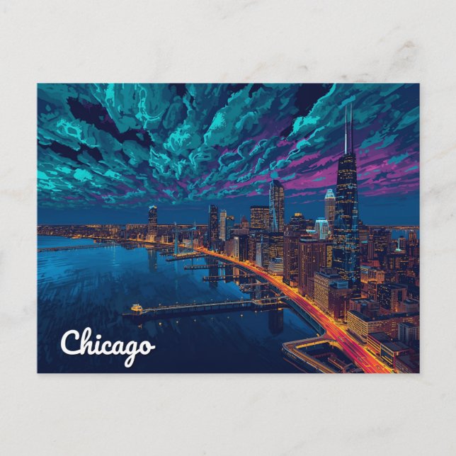 Postal Horizonte de Chicago al Anochecer (Anverso)