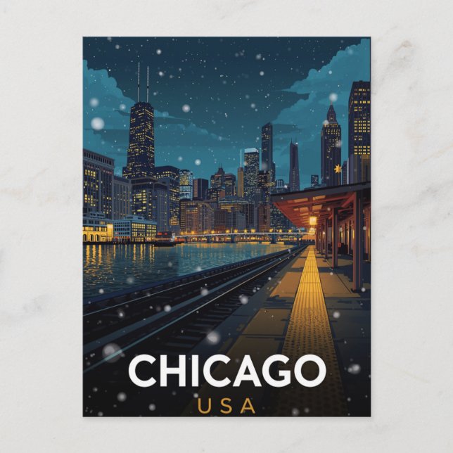Postal Horizonte de Chicago EE. UU. Noche de Invierno (Anverso)