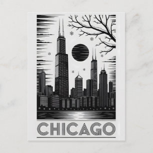 Postal Horizonte de Chicago Illinois Grabado en Madera Bl