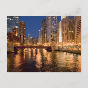 Postal Horizonte de Chicago, Illinois, y río Chicago a la