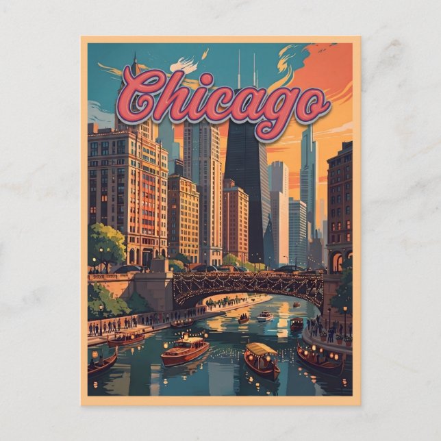 Postal Horizonte de Chicago junto al río  (Anverso)