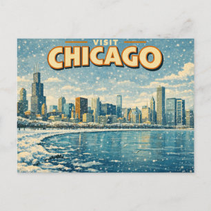 Postal horizonte de Chicago y lago Michigan en invierno