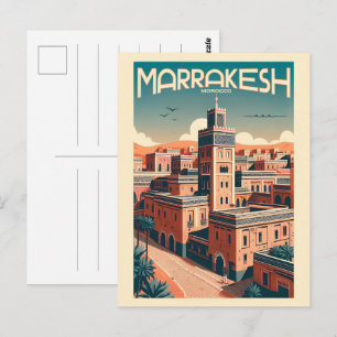 Postal horizonte de la ciudad antigua de Marrakesh con re