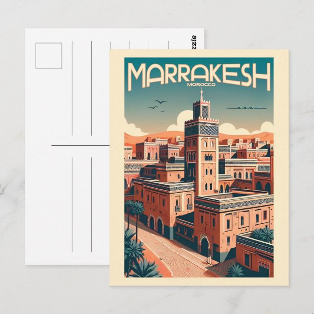 Postal horizonte de la ciudad antigua de Marrakesh con re (Anverso / Reverso)