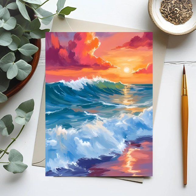 Postal Horizonte de Luz | Olas del Océano Atardecer Acuar (Subido por el creador)
