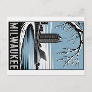 Postal Horizonte de Milwaukee en negro y blanco en invier