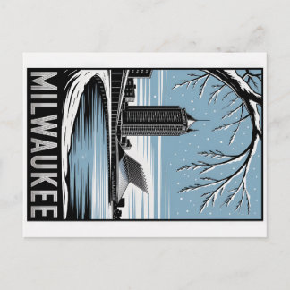 Postal Horizonte de Milwaukee en negro y blanco en invier