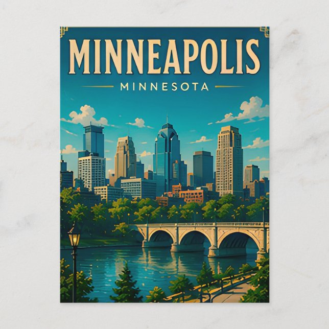 Postal 🌉 Horizonte de Minneapolis Minnesota y Río (Anverso)