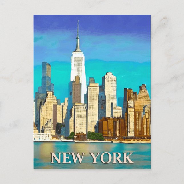Postal Horizonte de Nueva York en azul cobalto y beige (Anverso)