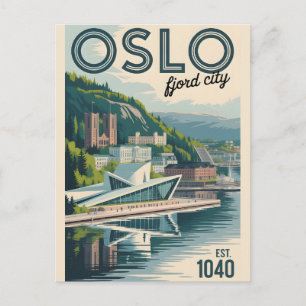 Postal Horizonte de Oslo Noruega Ciudad Retro Paisaje Via