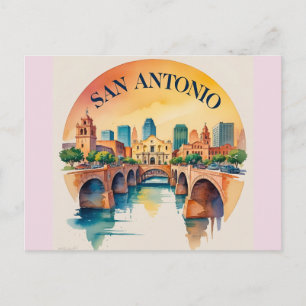 Postal Horizonte de San Antonio Texas en acuarela
