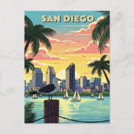 Postal horizonte de San Diego, California con gaviota