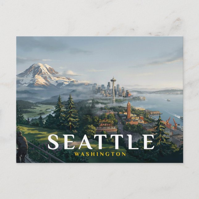 Postal Horizonte de Seattle Aguja Espacial Monte Rainier  (Anverso)