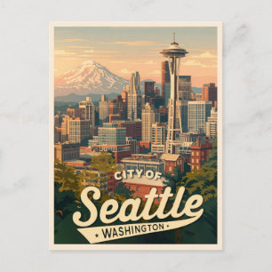 Postal Horizonte de Seattle – Space Needle y Monte Rainie