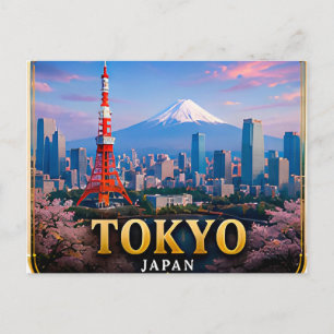 Postal Horizonte de Tokio Neon y vistas del Monte Fuji