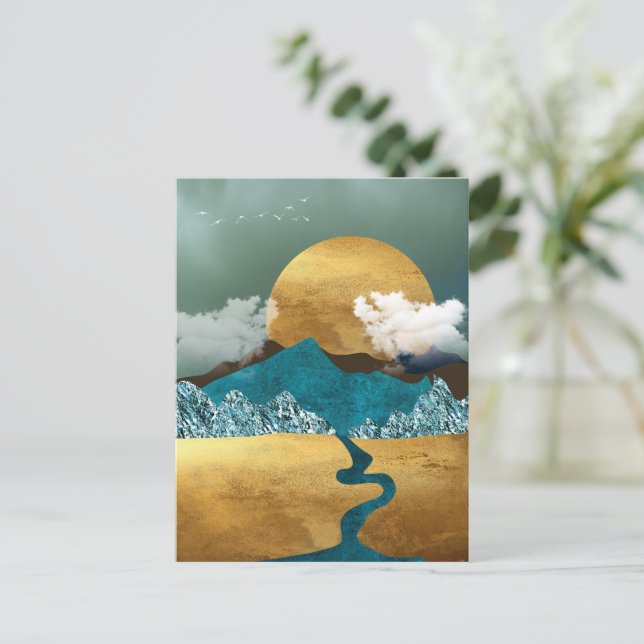 Postal Horizonte dorado con montañas azules (Anverso de pie)