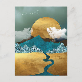 Postal Horizonte dorado con montañas azules