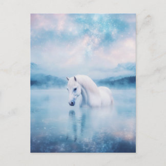 Postal Horse in Misty Mountain Lake with Starry Sky