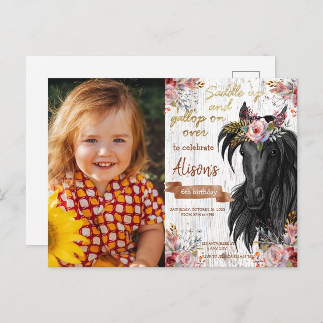 Postal Horse lindo fiesta de cumpleaños rosa (Anverso / Reverso)