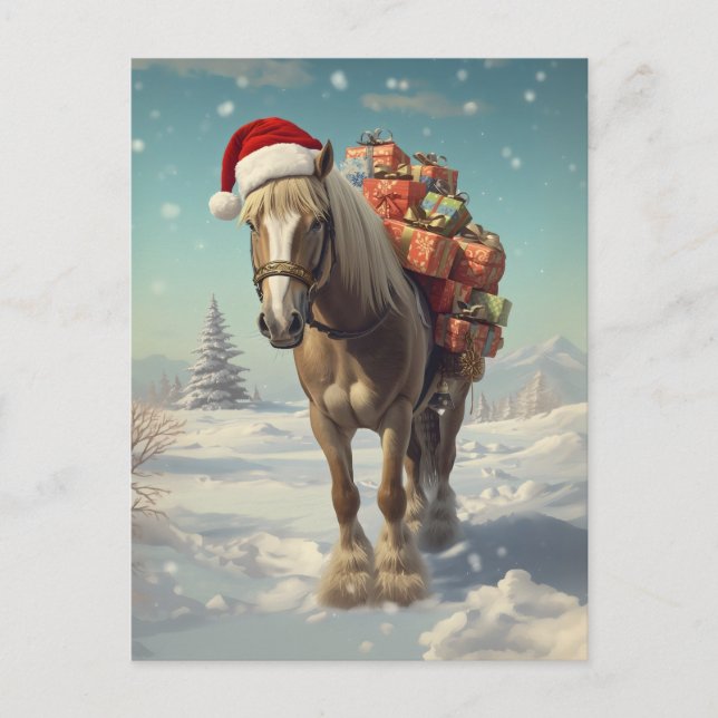 Postal Horse with Christmas presents in the snow (Anverso)
