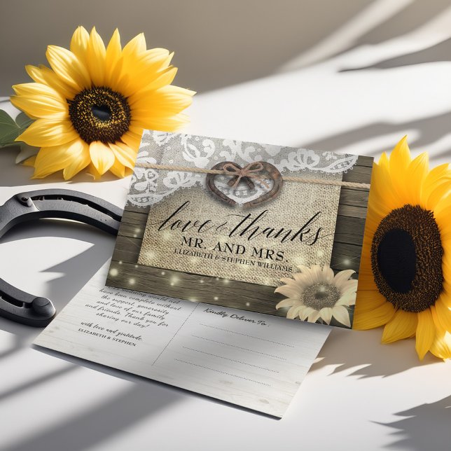 Postal Horseshoe Sunflower Country Wood Boda Gracias (Subido por el creador)