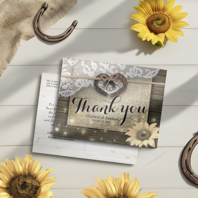 Postal Horseshoe Sunflower Country Wood Boda Gracias (Subido por el creador)