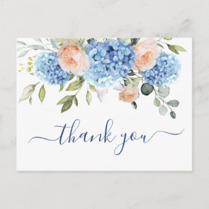 Postal Hortensia Azul Elegante Rosas Rosadas Gracias