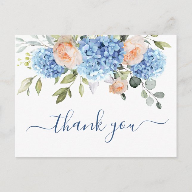 Postal Hortensia Azul Elegante Rosas Rosadas Gracias (Anverso)
