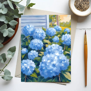 Postal Hortensias Azules Acuarela Costera de Nueva Inglat