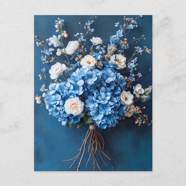Postal Hortensias Azules y Flores Blancas (Anverso)