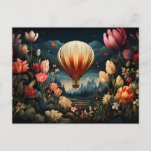 hot air balloon surrounded by flowers dark colors