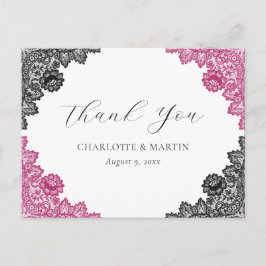 Postal Hot Pink and Black Floral Lace Wedding Thank You