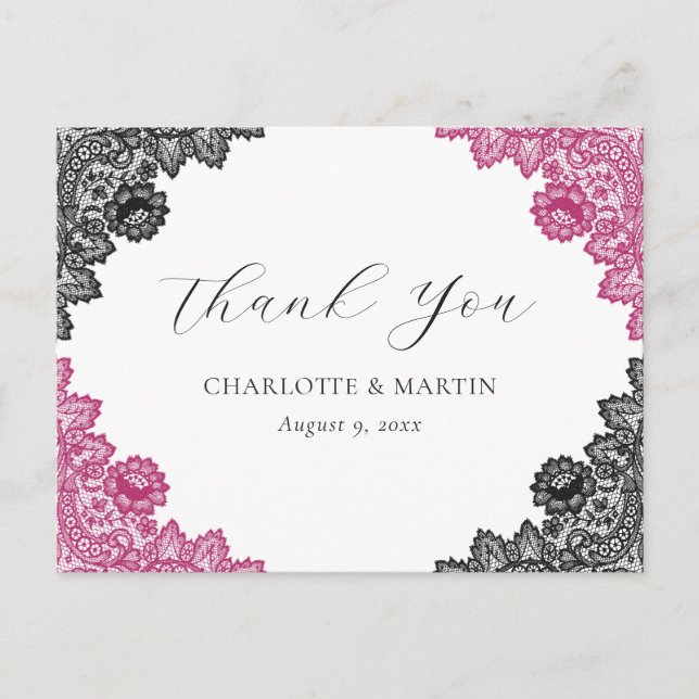 Postal Hot Pink and Black Floral Lace Wedding Thank You (Anverso)