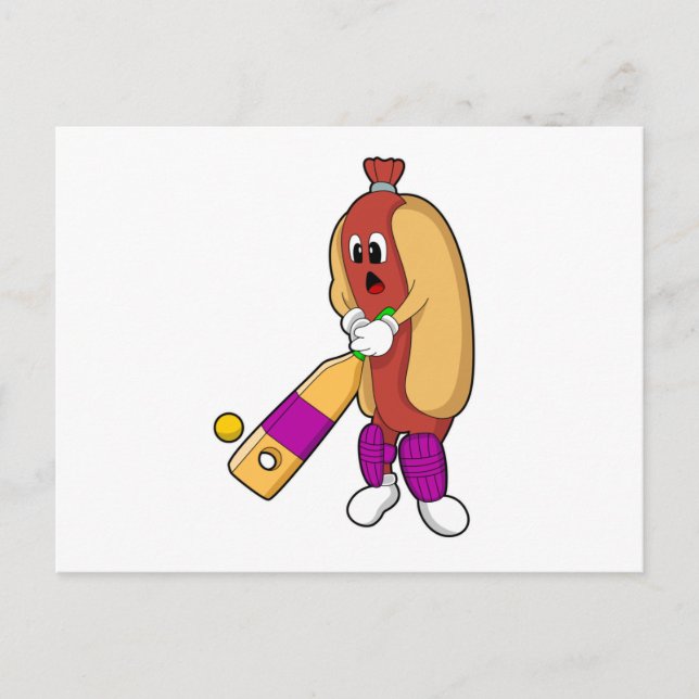 Postal Hotdog en Cricket con bate de críquet (Anverso)