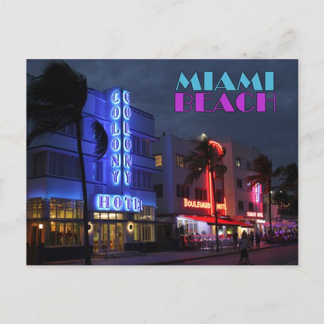 Postal Hoteles de noche en Miami Beach Art Deco (Anverso)