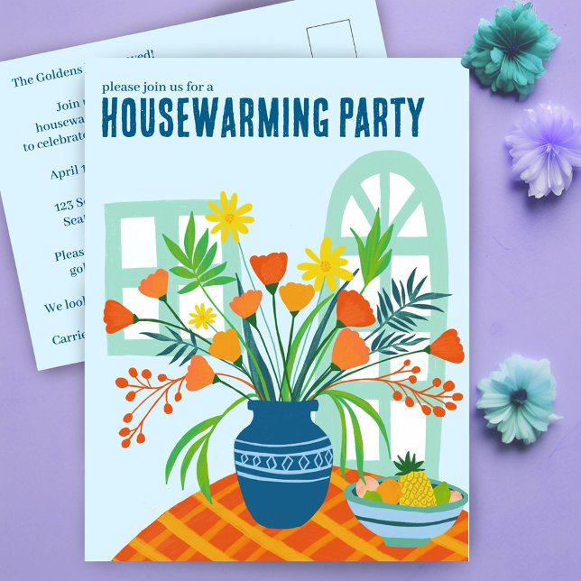 Postal HOUSEWARMING Floral Bouquet Nueva dirección reside (HOUSEWARMING Floral Vase Bouquet New Home Address Cute Party Invitation Postcard
)
