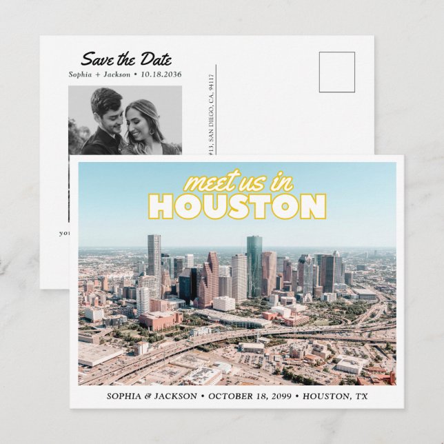 Postal Houston Save the Date Retro Wedding Postcard (Anverso / Reverso)