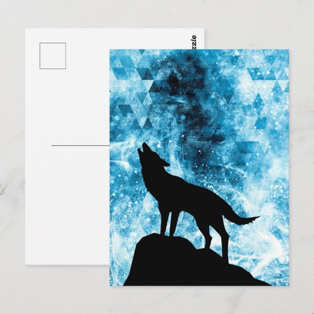 Postal Howling Wolf Winter humo azul de nieve Resumen (Anverso / Reverso)