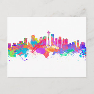 Postal Huella de arte acuarela del horizonte de Seattle U
