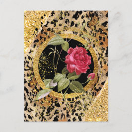 Postal huella de leopardo con rosas y purpurina de oro
