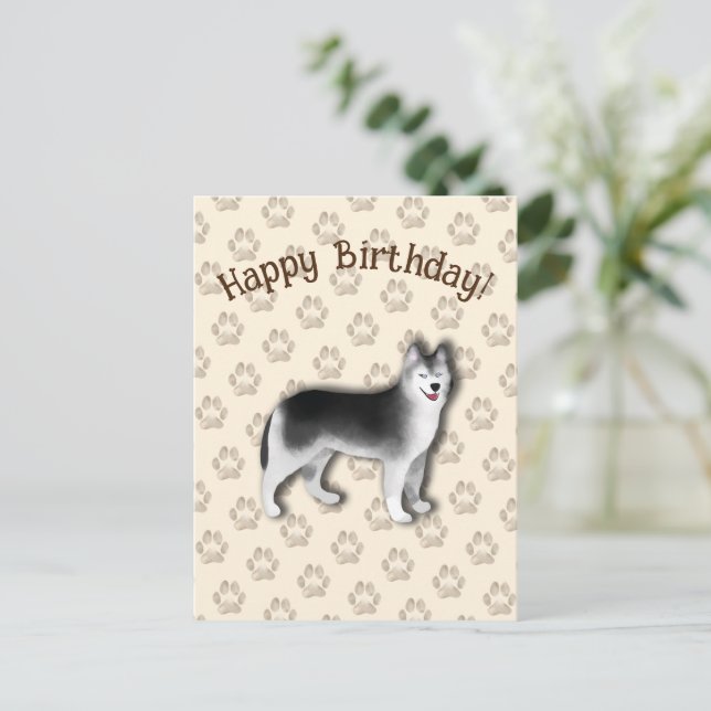 Postal Huella de perro Husky Happy Birday Editable (Anverso de pie)
