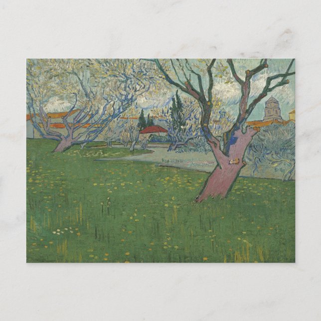 Postal Huertos en flor vista de Arles por Van Gogh (Anverso)