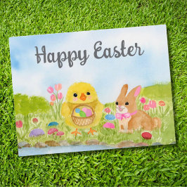 Postal Huevo de Pascua de Acuarela Pollito Conejo de Pasc
