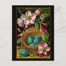 Postal Huevos azules vintage en nido con ramas de flores
