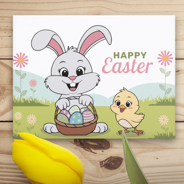 Postal Huevos, conejo y polluelo - Feliz Pascua (Eggs, Bunny and Chick - Happy Easter Postcard)