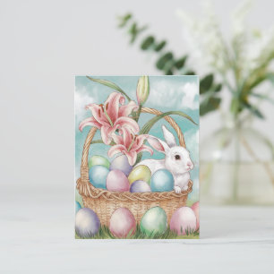 Postal Huevos de Acuarela y Pastel de Lirio con Conejo en
