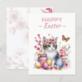 Postal Huevos de Pascua acuarela Kitten Florecimiento de